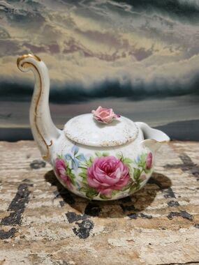 Vintage Floral Porcelain Teapot with Pink Rose Accent